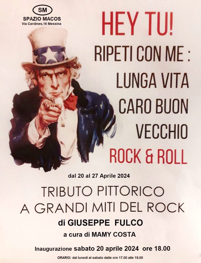 Tributo pittorico ai grandi miti del rock: manifesto della mostra di Giuseppe Fulco da Spazio Macos